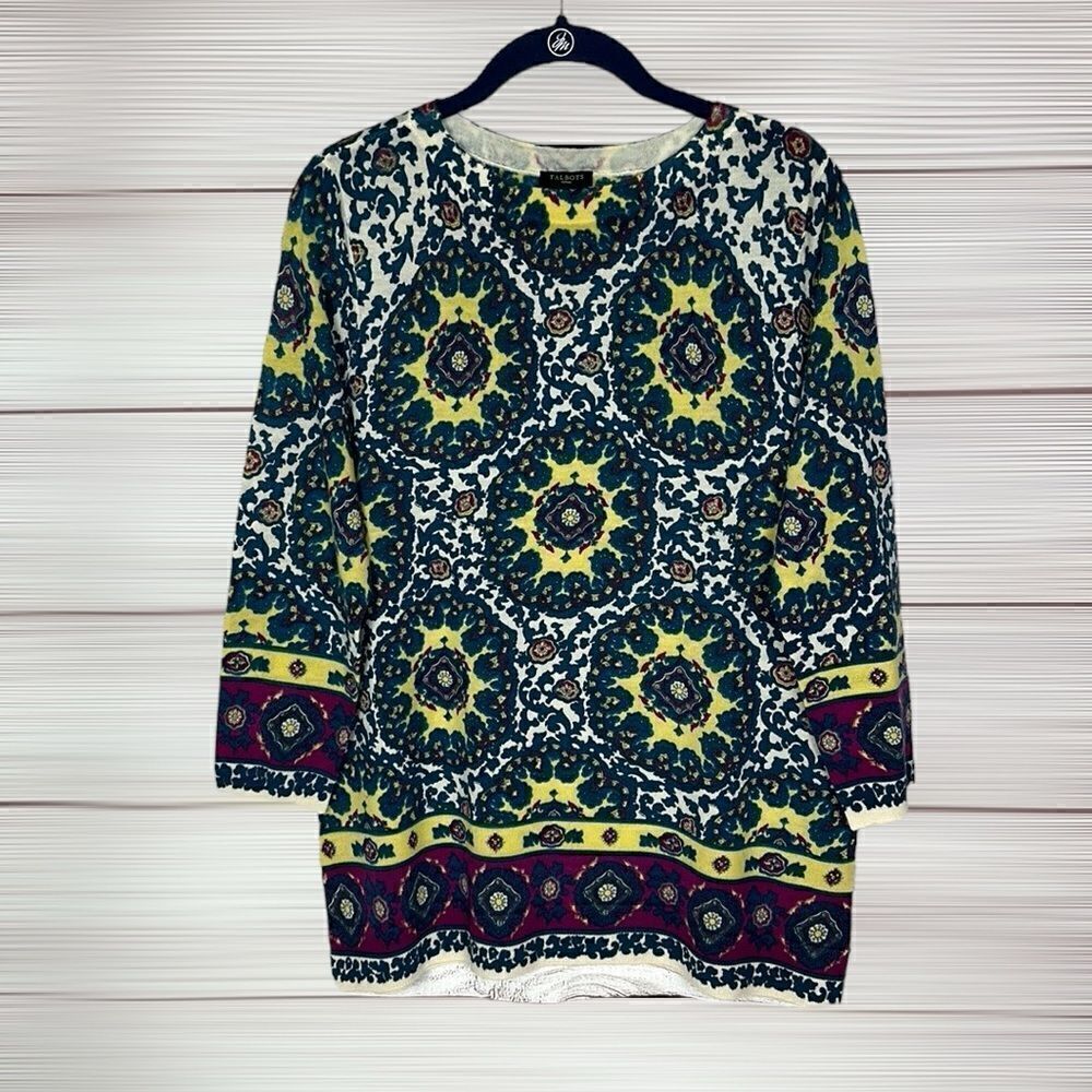 Talbots Merino Wool Lightweight Sweater Aqua Blue Yellow 3/4 Sleeve size X